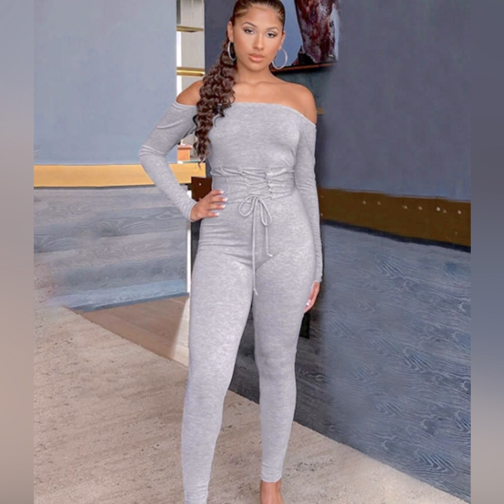 Gray Off the Shoulder Jumpsuit with Korset Belt!